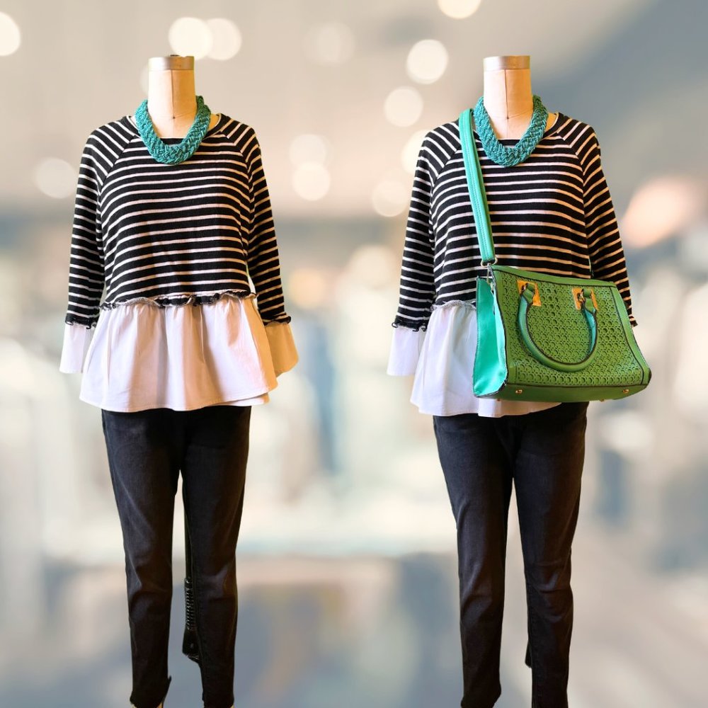 DR2 Three Quarter Sleeve Stripped Black and White Ruffled Top